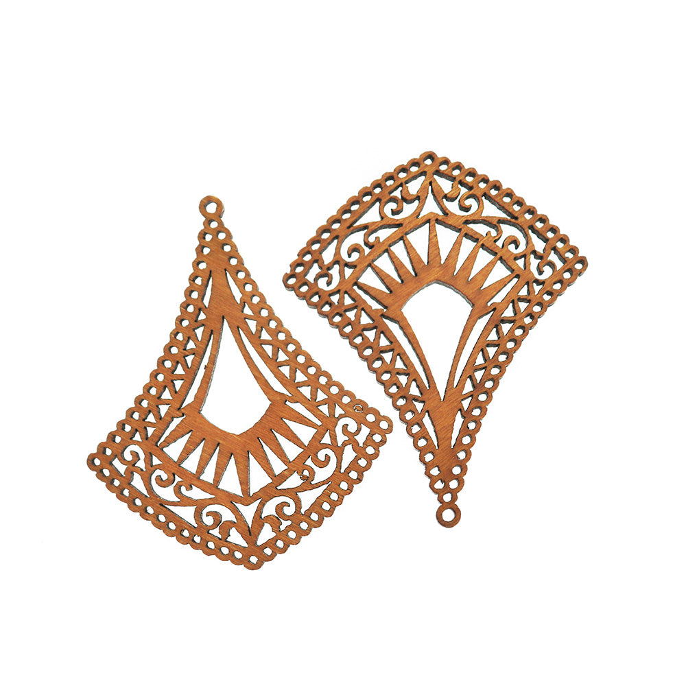 4 Filigree Drop Natural Wood Charms 2 Sided - WP150