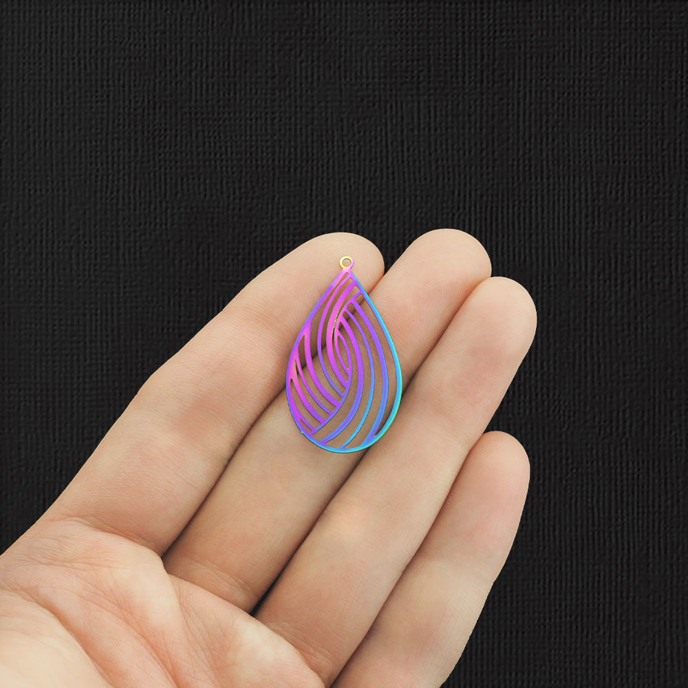 4 Filigree Drop Rainbow Electroplated Stainless Steel Charms 2 Sided - SSP271