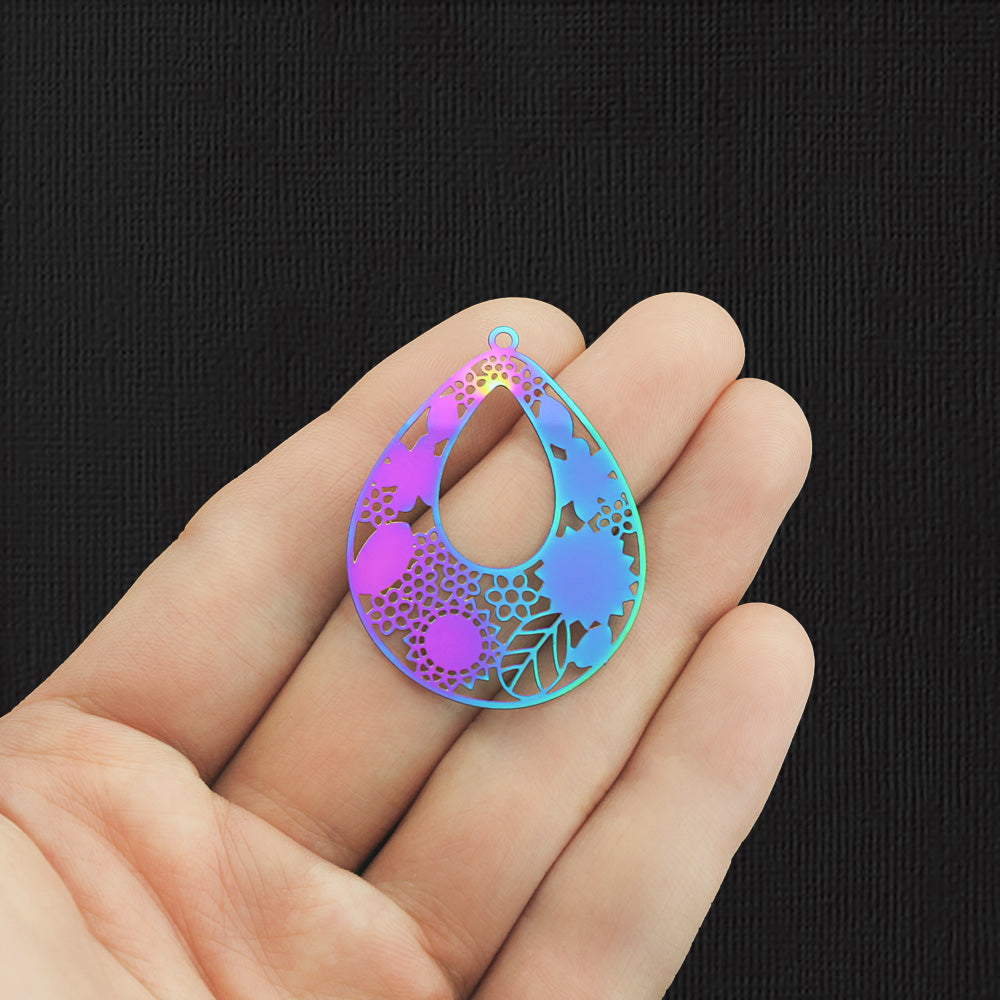 4 breloques en acier inoxydable électroplaqué arc-en-ciel en filigrane 2 faces - SSP275