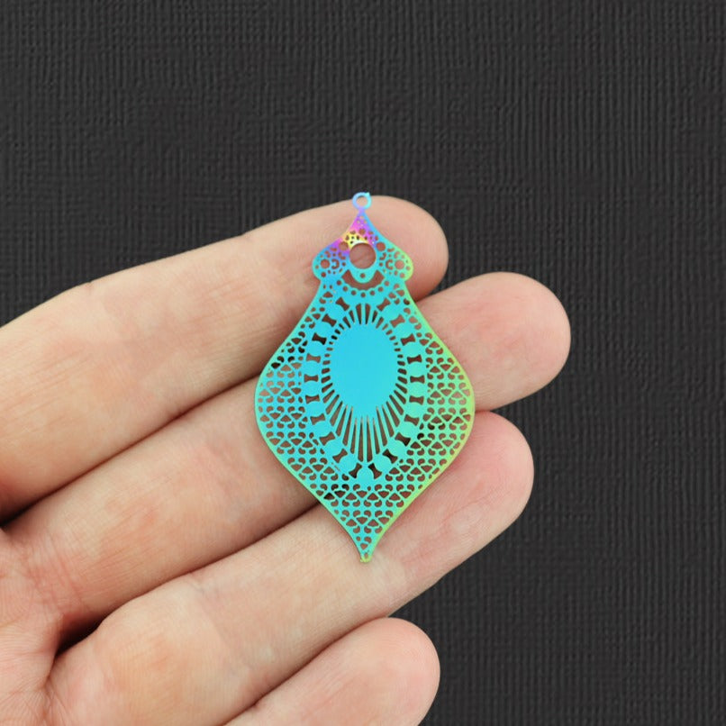 4 Filigree Drop Rainbow Electroplated Stainless Steel Charms - SSP155