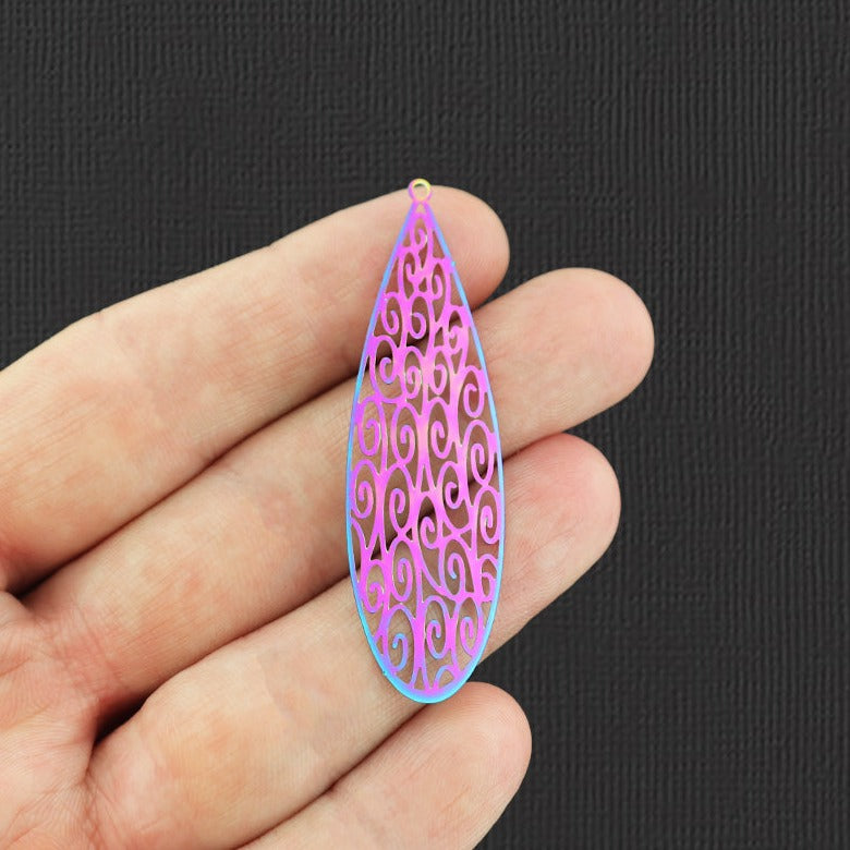 4 Filigree Drop Rainbow Electroplated Stainless Steel Charms - SSP157