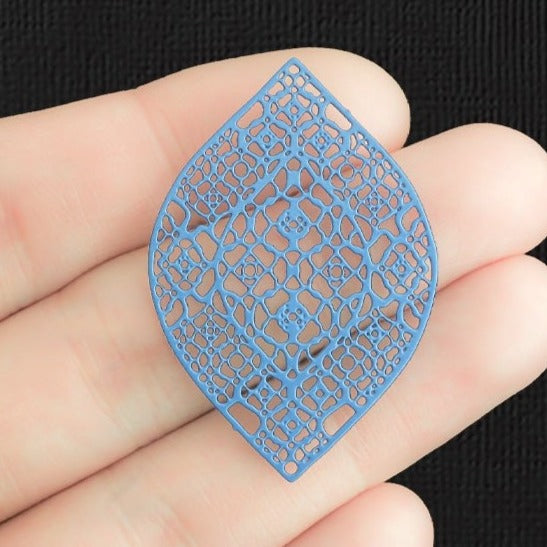 4 Filigree Leaf Blue Enamel Stainless Steel Charms 2 Sided - SSP401