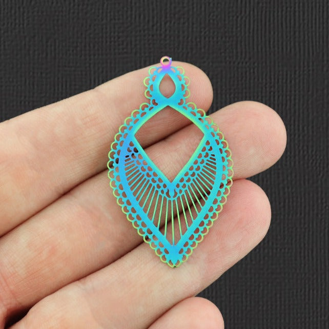4 Filigree Leaf Rainbow Electroplated Stainless Steel Charms - SSP158