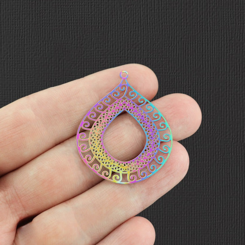 4 Filigree Teardrop Rainbow Electroplated Stainless Steel Charms 2 Sided - SSP137