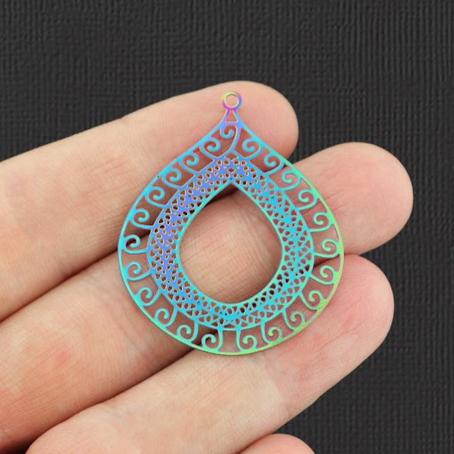 4 breloques en acier inoxydable plaqué arc-en-ciel en forme de larme en filigrane 2 faces - SSP137