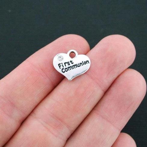 4 First Communion Heart Antique Silver Tone 2 Sided With Inset Rhinestones - SC3320