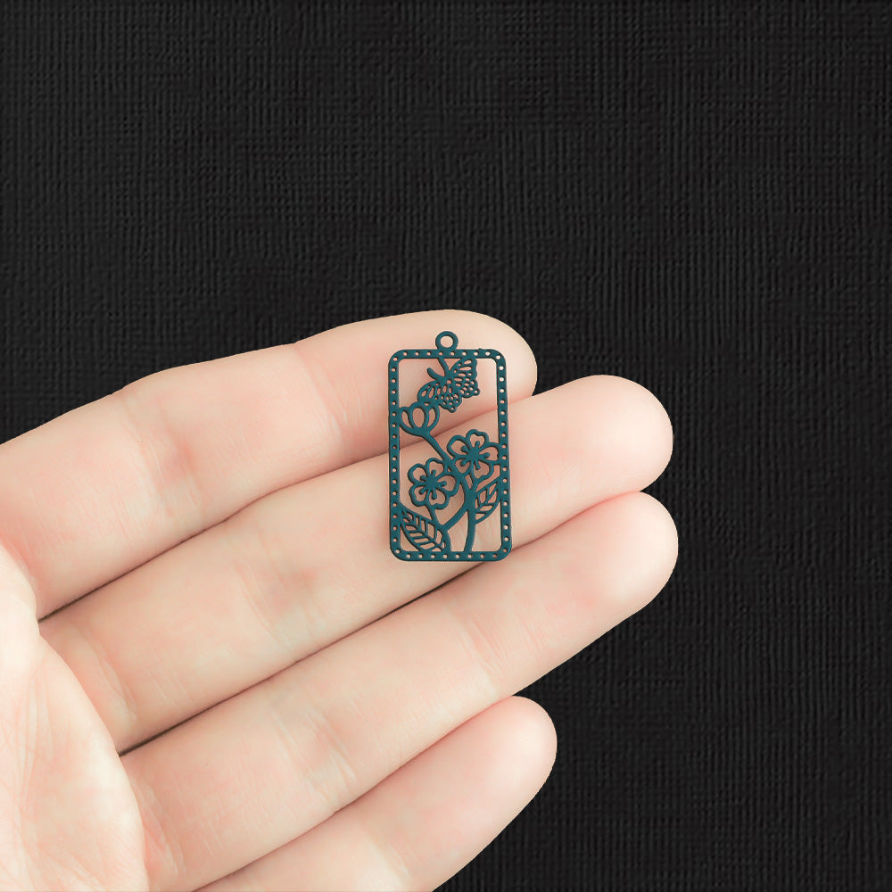 4 Floral Butterfly Blue Enamel Stainless Steel Charms 2 Sided - SSP343