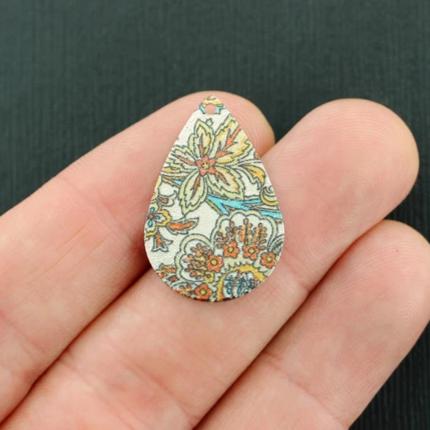 4 breloques en émail argenté goutte florale - E699