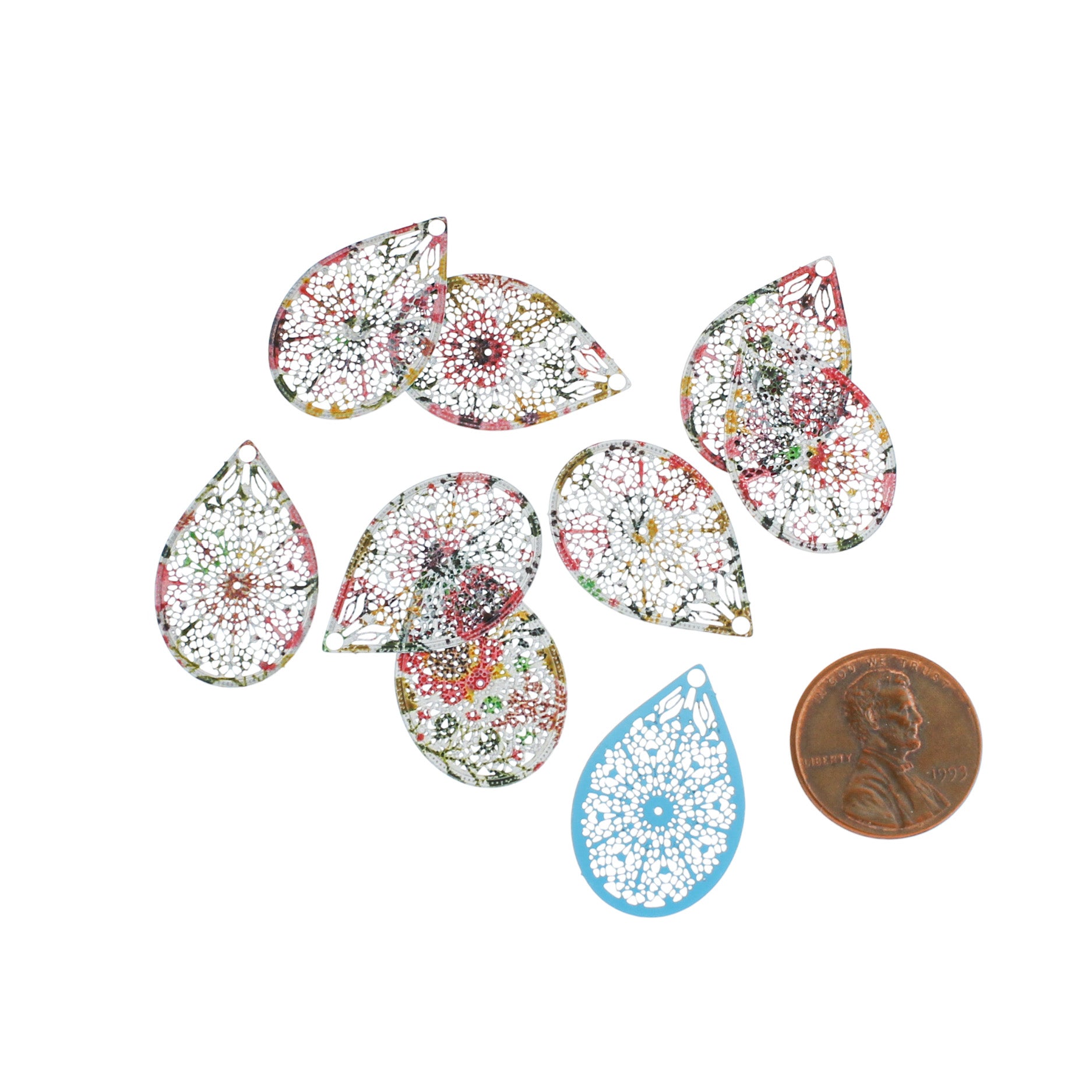4 Floral Filigree Teardrop Enamel Charms - E1251