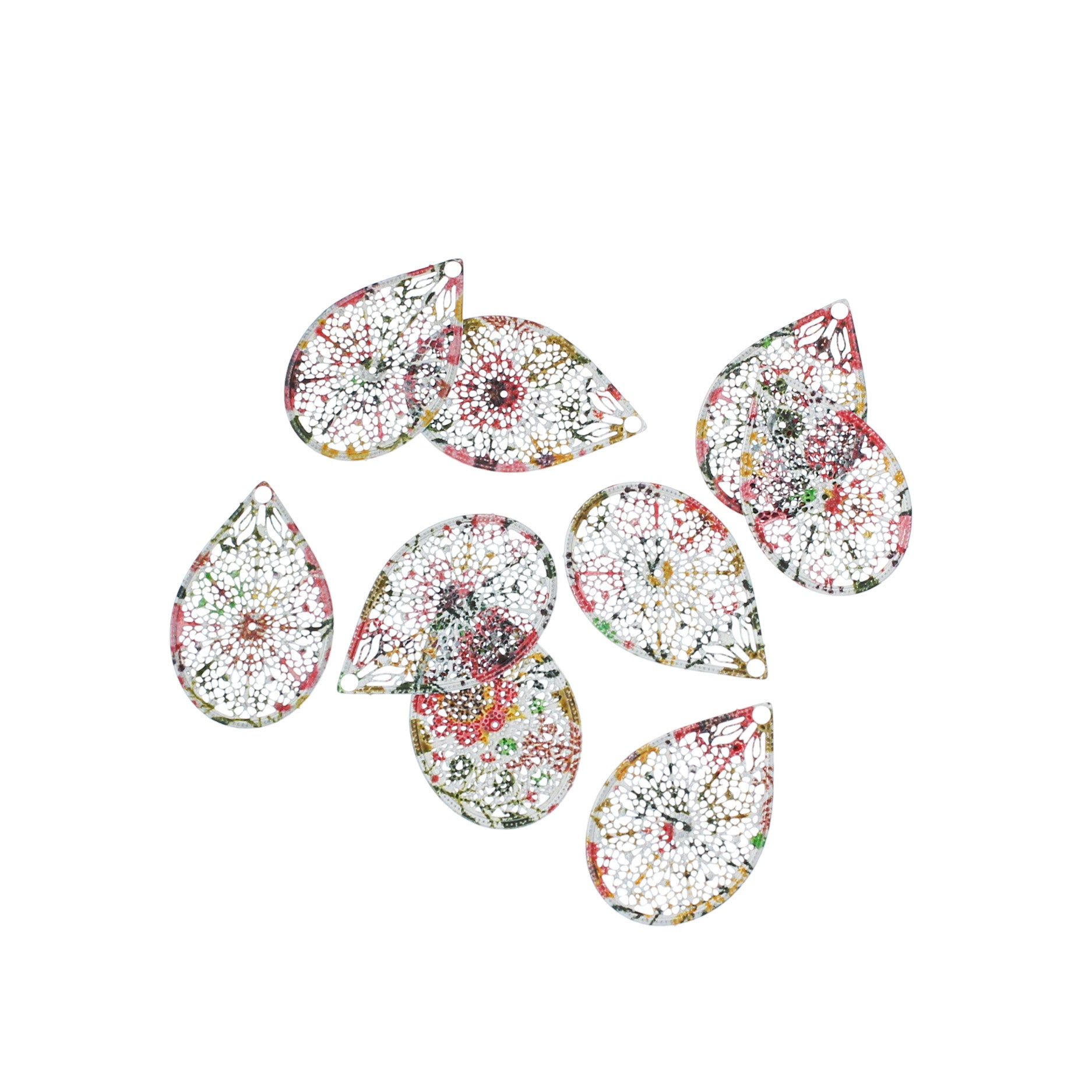 4 Floral Filigree Teardrop Enamel Charms - E1251