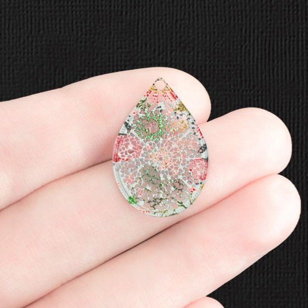 4 Floral Filigree Teardrop Enamel Charms - E1251
