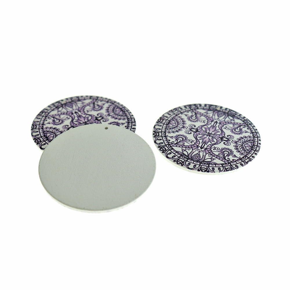 4 Floral Printed Natural Wood Charms 60mm - WP232