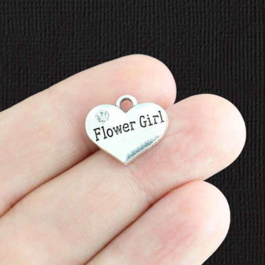 4 Flower Girl Antique Silver Tone Charms 2 faces avec strass incrustés - SC1943