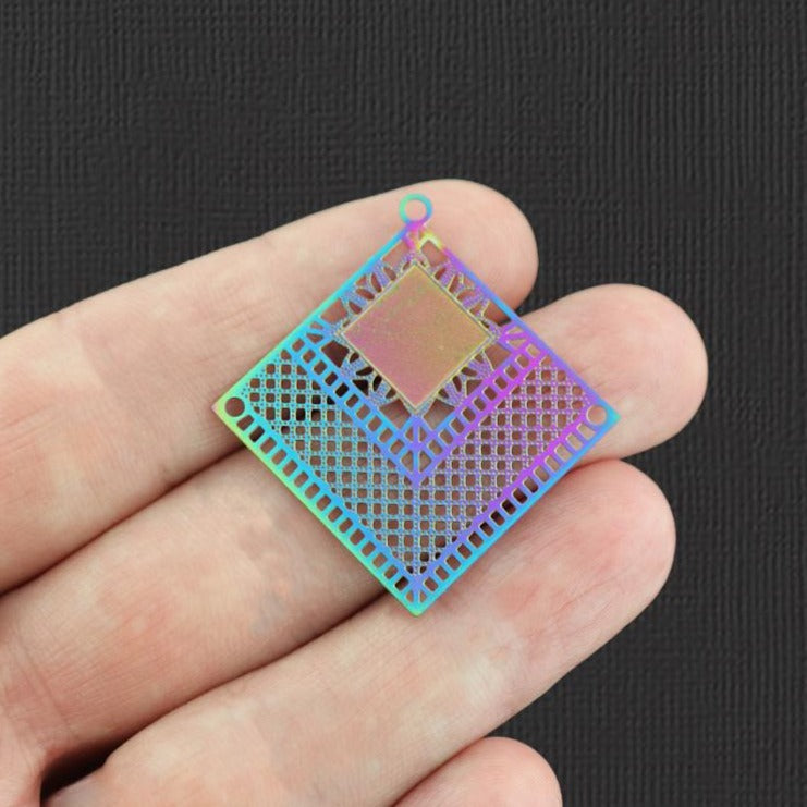 4 Geometric Rhombus Rainbow Electroplated Stainless Steel Charms - SSP159