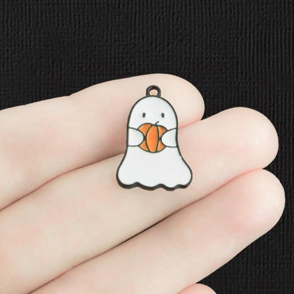 4 Ghost with Pumpkin Black Enamel Charms - E1283