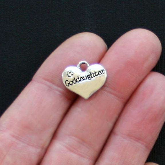 4 Goddaughter Heart Antique Silver Tone Charms 2 Sided With Inset Rhinestones - SC2320