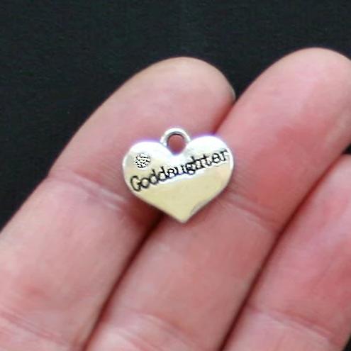 4 Goddaughter Heart Antique Silver Tone Charms 2 Sided With Inset Rhinestones - SC2320
