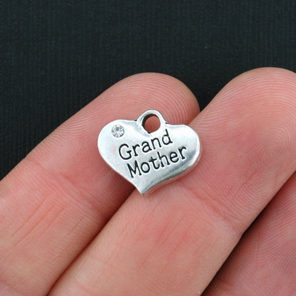 4 Grandmother Heart Antique Silver Tone Charms 2 Sided With Inset Rhinestones - SC3677