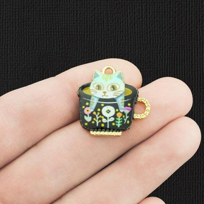 4 breloques en émail doré chat vert - E1210