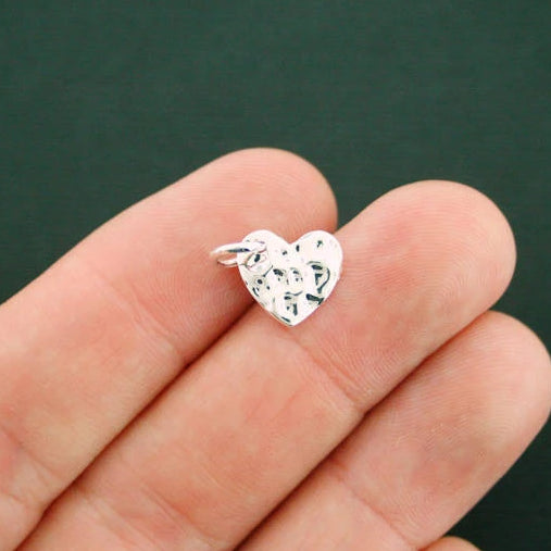 4 Hammered Heart Antique Silver Tone Charms 2 Sided - SC867