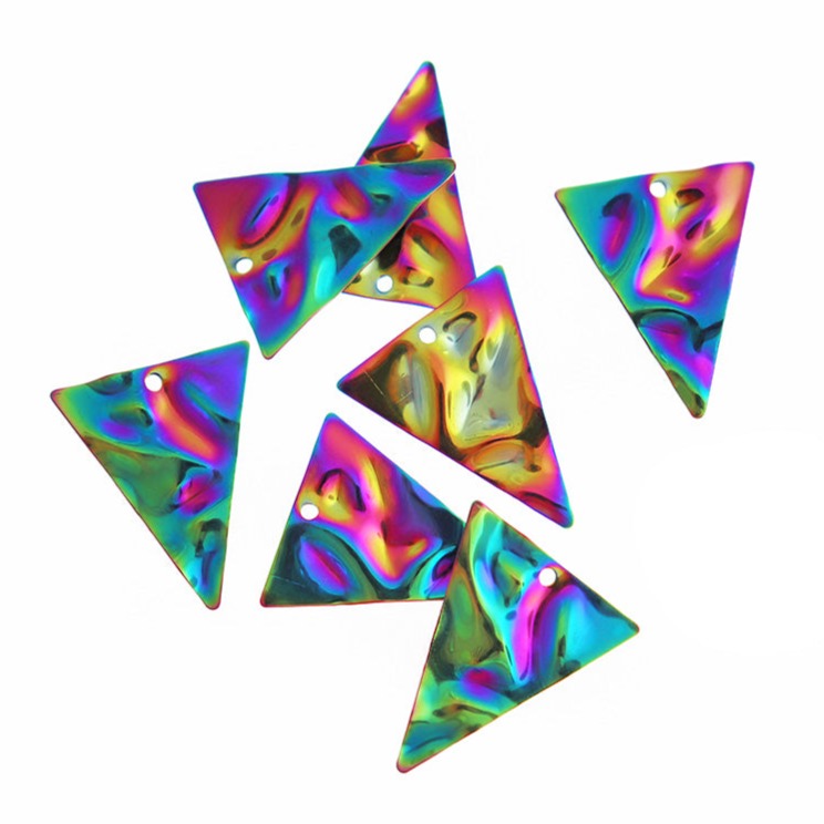 4 Hammered Triangle Rainbow Electroplated Stainless Steel Charms 2 Sided - SSP557