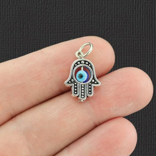 4 breloques en résine de ton argent antique main Hamsa 2 faces - SC2575