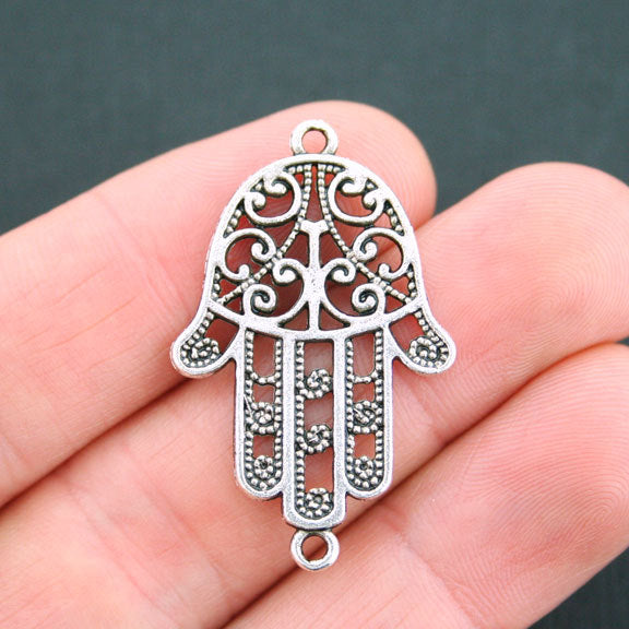 4 Hamsa Hand Connector Antique Silver Tone Charms 2 Sided - SC5112