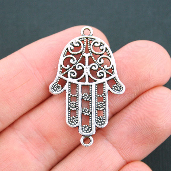 4 Hamsa Hand Connector Antique Silver Tone Charms 2 faces - SC5112