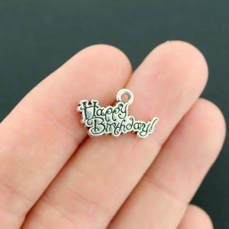 4 Happy Birthday Antique Silver Tone Charms - SC7621