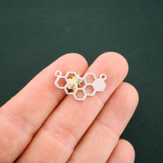 4 breloques en forme d'abeille en nid d'abeille argentées et dorées - SC6126