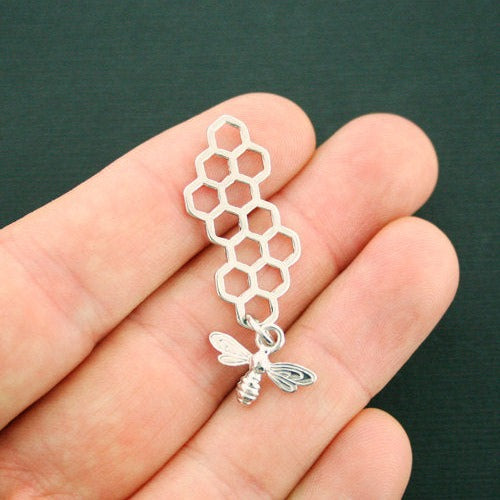 4 Honeycomb Bee Silver Tone Charms 2 Sided - SC6237