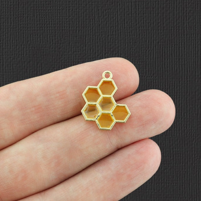 4 breloques en émail doré nid d'abeille 2 faces - E1046