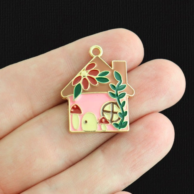 4 breloques maison en émail doré - E1591