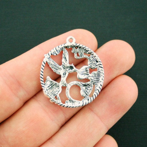 4 Hummingbird Floral Antique Silver Tone Charms - SC6254