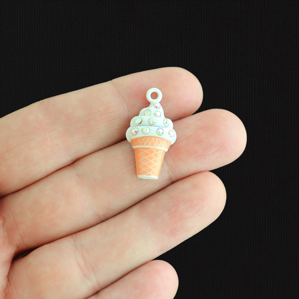 4 Ice Cream with Inset Rhinestones Silver Tone Enamel Charms - E906