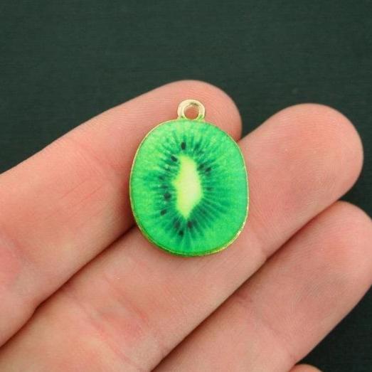 4 Kiwi Fruit Gold Tone Enamel Charms - E578