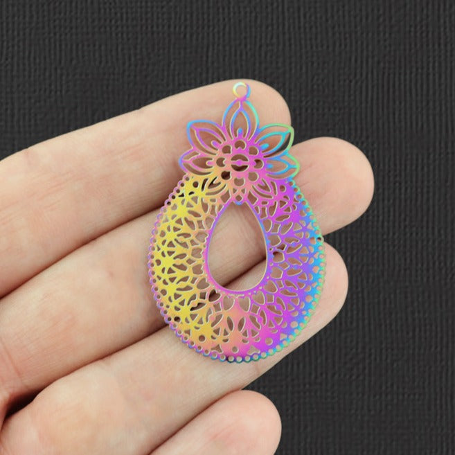 4 breloques en acier inoxydable électroplaqué arc-en-ciel fleur en dentelle 2 faces - SSP209