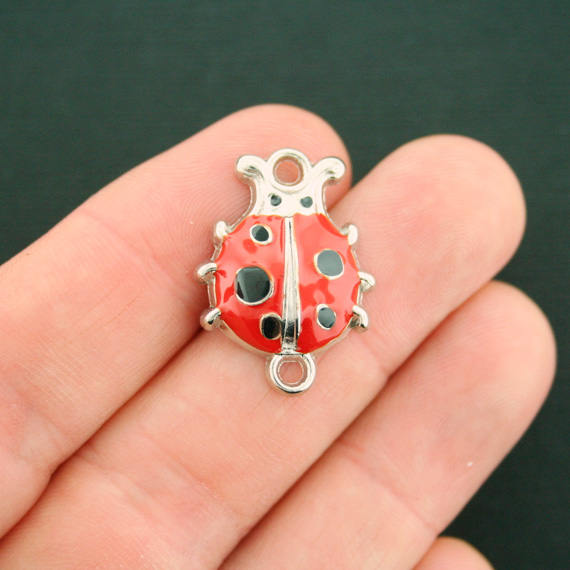4 Ladybug Connector Silver Tone Enamel Charms - E532
