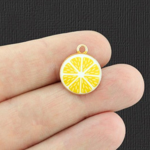 4 breloques en émail doré tranche de citron - E976