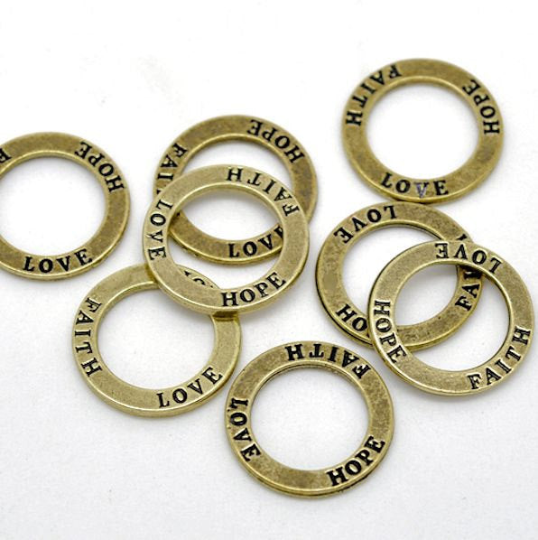 4 Love Hope Faith Antique Bronze Tone Charms 2 Sided - BC590