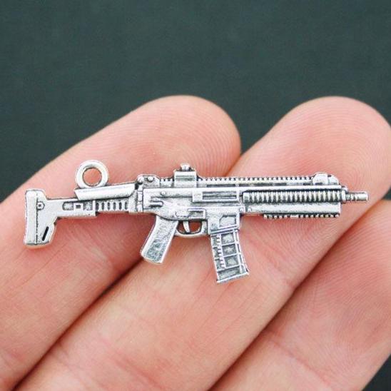 4 Machine Gun Antique Silver Tone Charms 2 Sided - SC5091