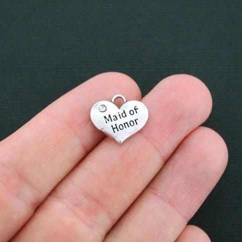 4 Maid of Honor Heart Antique Silver Tone Charms 2 Sided - SC2747