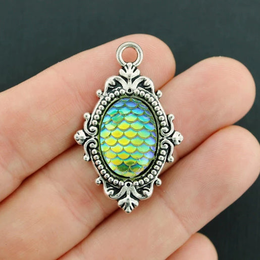 4 charms cabochons argentés antiques à l'échelle de la sirène - Z720