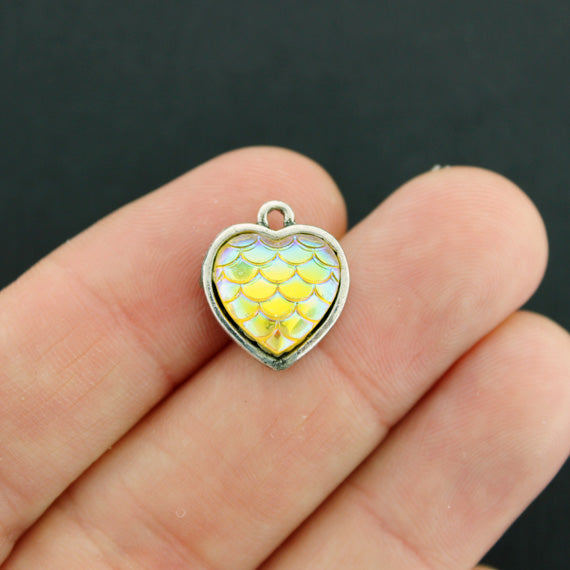 4 Mermaid Scale Heart Antique Silver Tone Cabochon Charms - Z727