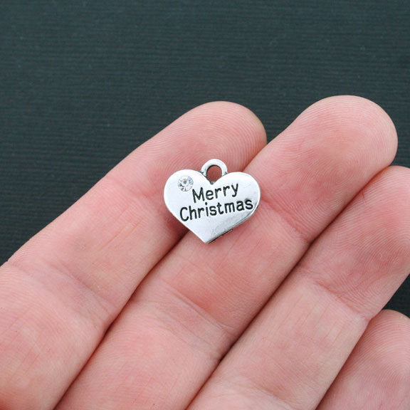 4 Merry Christmas Antique Silver Tone Charms 2 Sided With Inset Rhinestones - SC4381