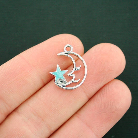 4 breloques en émail argenté étoile de lune - E559