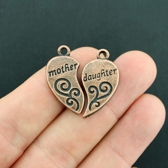 4 Mother Daughter Heart Antique Copper Tone Charms 2 Piece Set - BC986