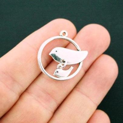 4 Mother and Baby Bird Antique Silver Tone Charms 2 Piece Set - SC5773