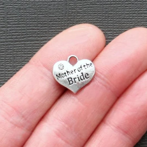 4 Mother of the Bride Heart Antique Silver Tone Charms 2 Sided With Inset Rhinestones - SC1936