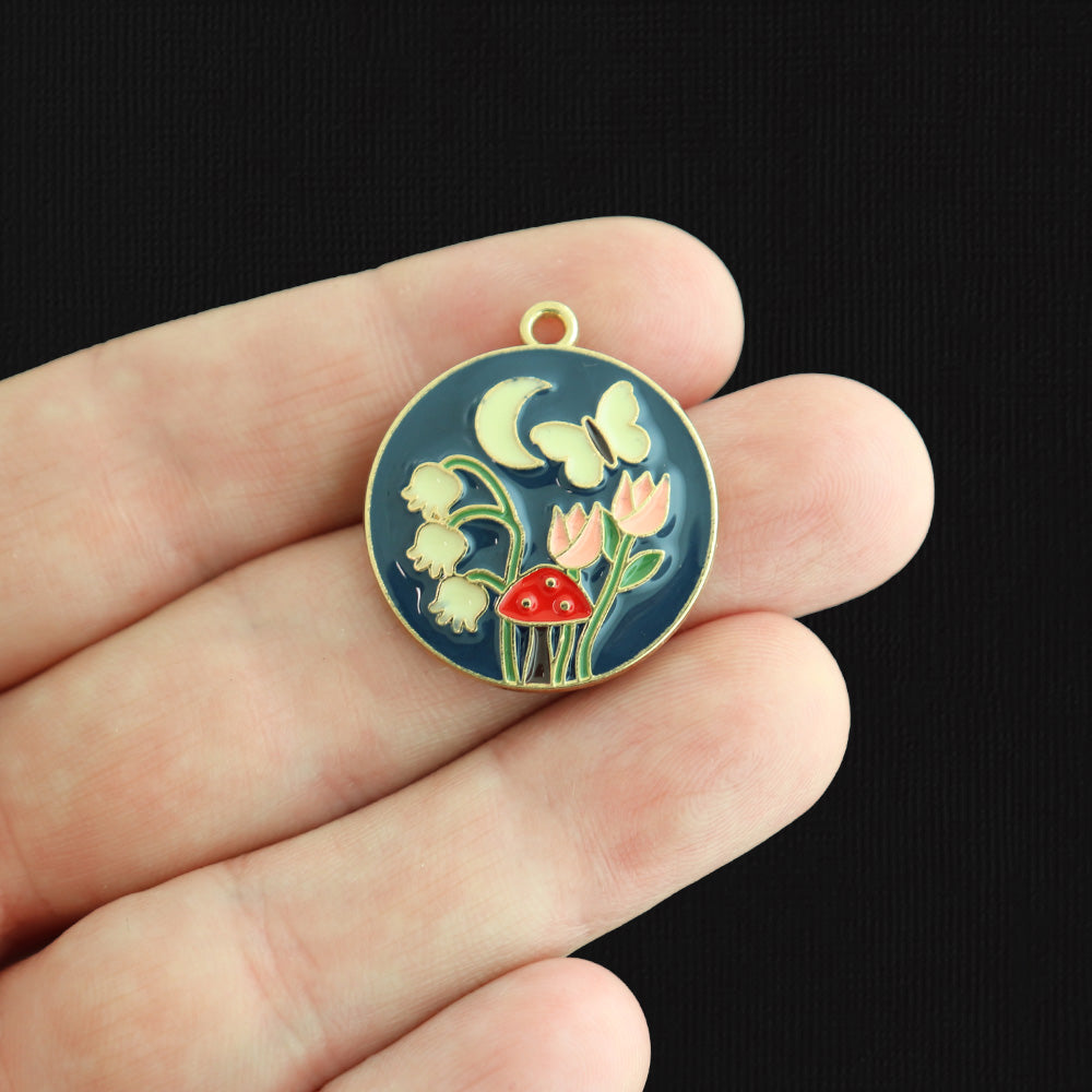 4 Mushroom Floral Gold Tone Enamel Charms - E533